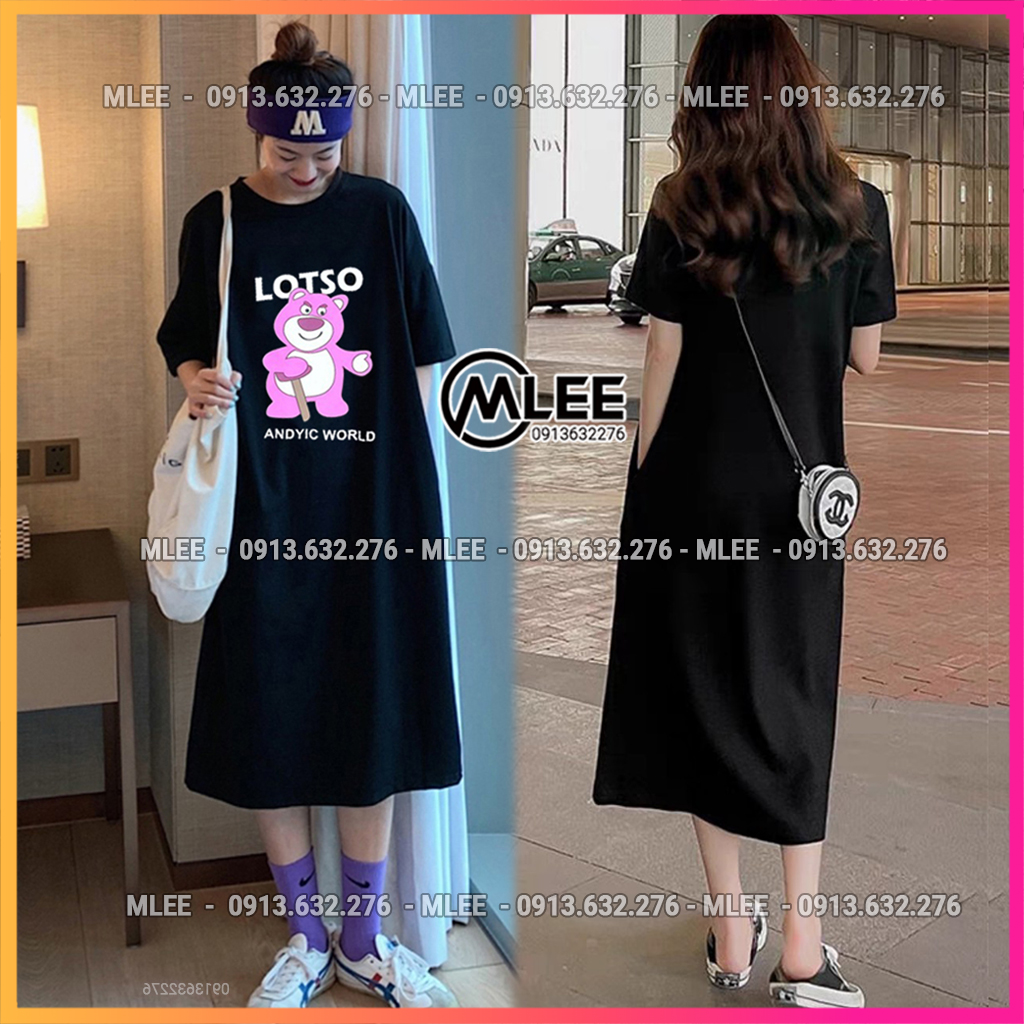 Đầm cotton suông in hình gấu LOTSO, váy thun bầu dáng suông,