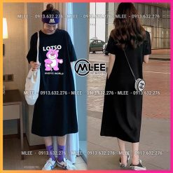 Đầm cotton suông in hình gấu LOTSO, váy thun bầu dáng suông,