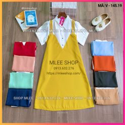 Đầm bầu yếm phối cổ sơ mi